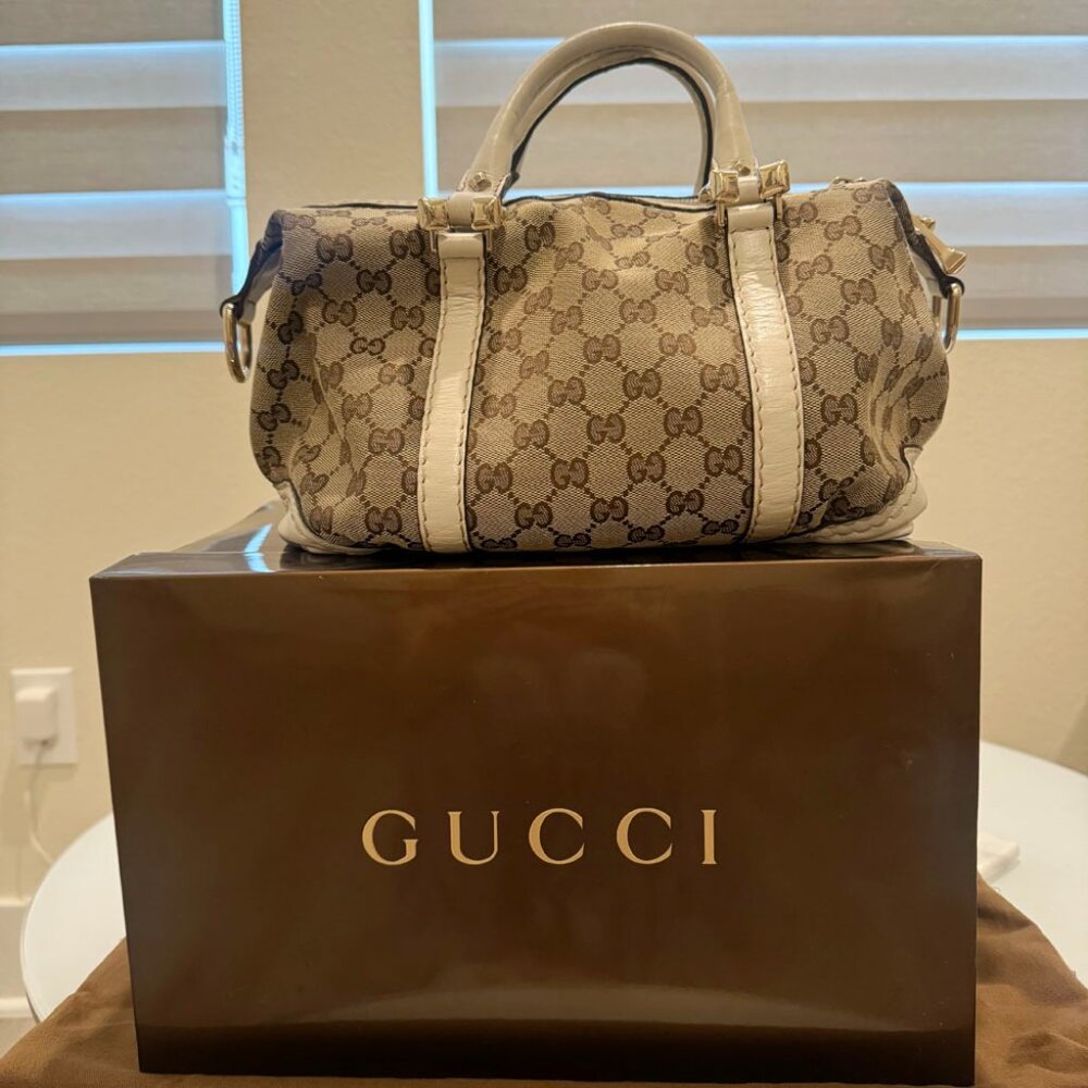Vintage Used White/Creme Authentic Gucci GG Boston Handbag Purse 189893/212792